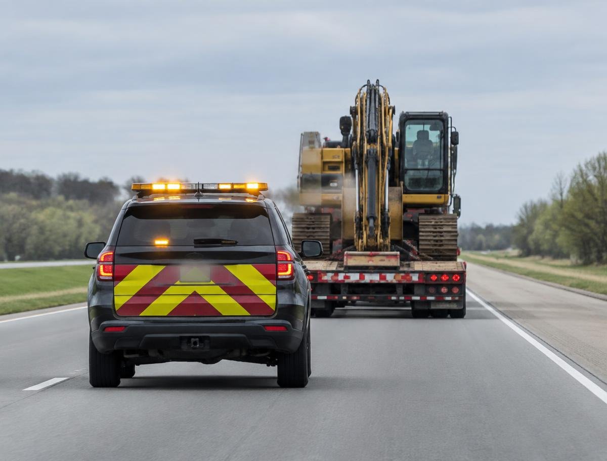 Rear escort vehicle following a flatbed truck hauling heavy equipment