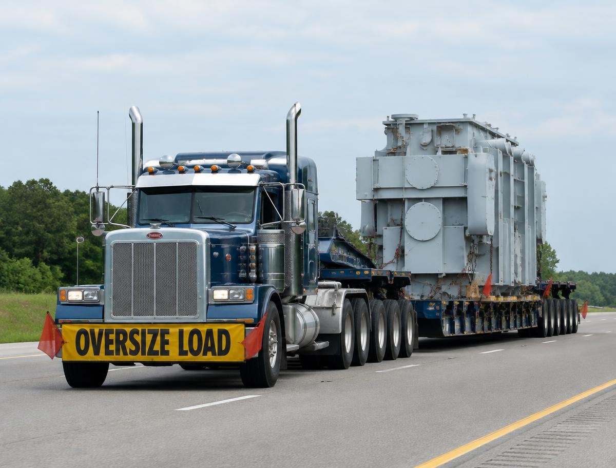Truck hauling large industrial machinery as a permitted oversize load