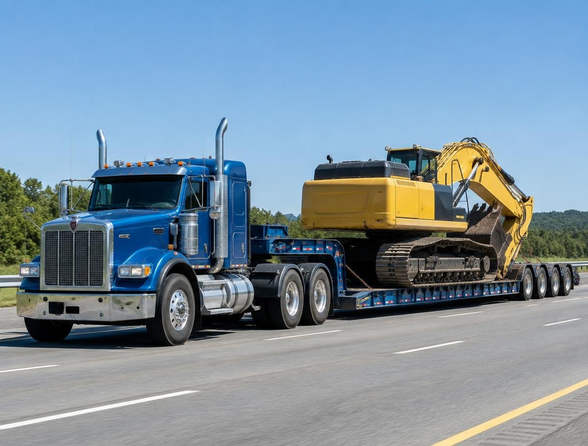 Heavy-haul truck carrying a construction excavator on a lowboy trailer