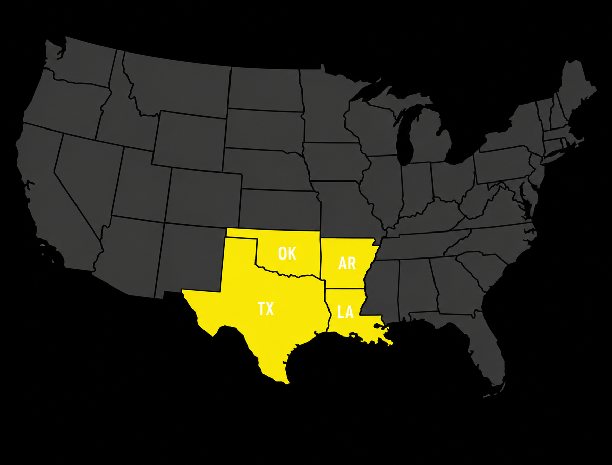 Map showing the KRB Transportation service area of Texas, Louisiana, Arkansas and Oklahoma