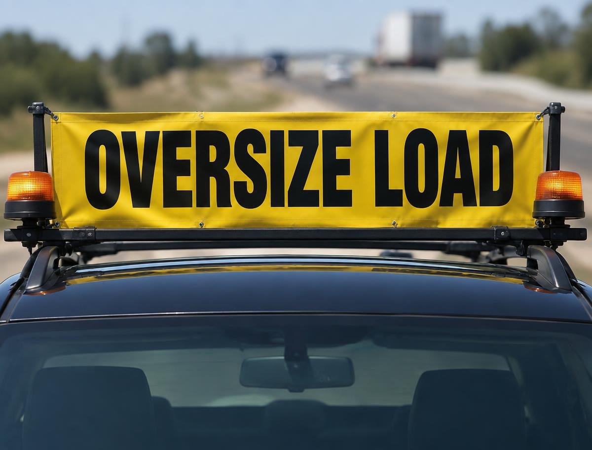 Yellow OVERSIZE LOAD banner mounted on the roof of an escort vehicle